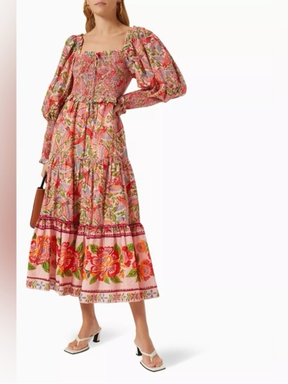 FARM Rio Multicolor Floral Puff-Sleeve Tiered Midi Dress